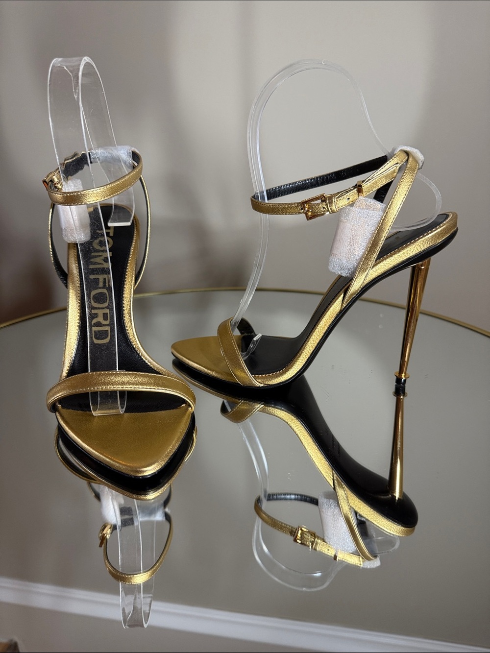 Tom Ford Padlock Naked 105 Gold Leather Heeled Sandals Sz 37 - Picture 9 of 17